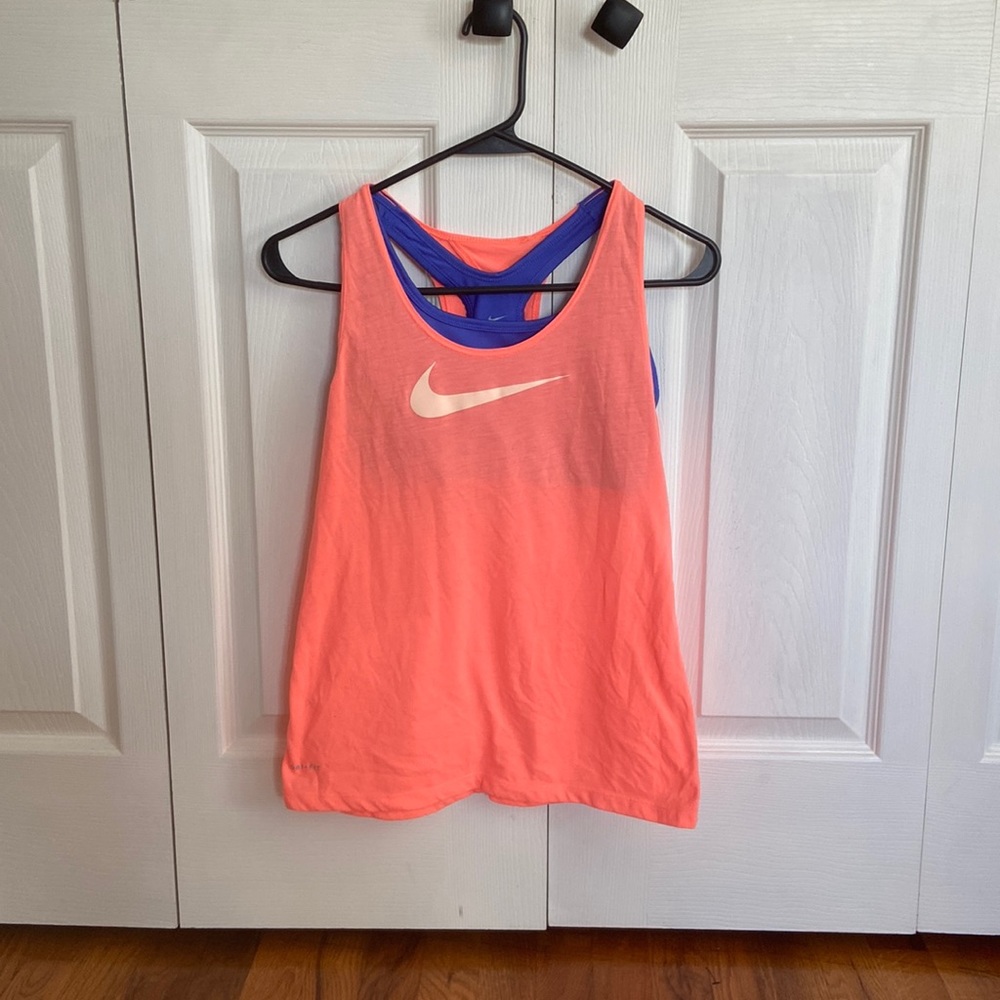 Nike tank top, Youth Large, peach tank top and blue built-in bra